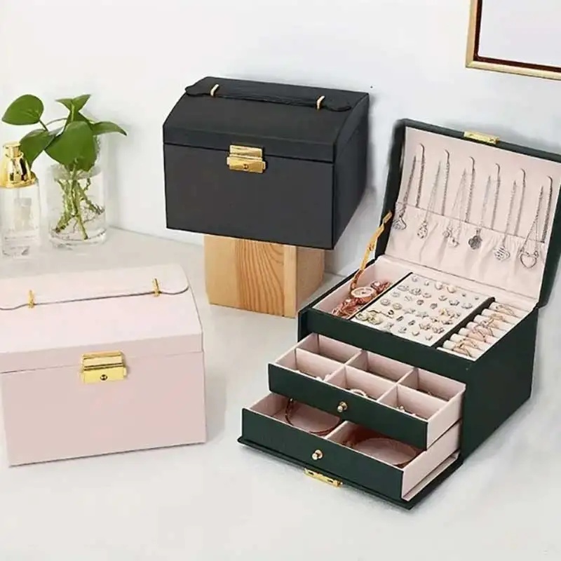 Three Drawer PU Leather Jewelr - Lockbox Key Secure recension och pris